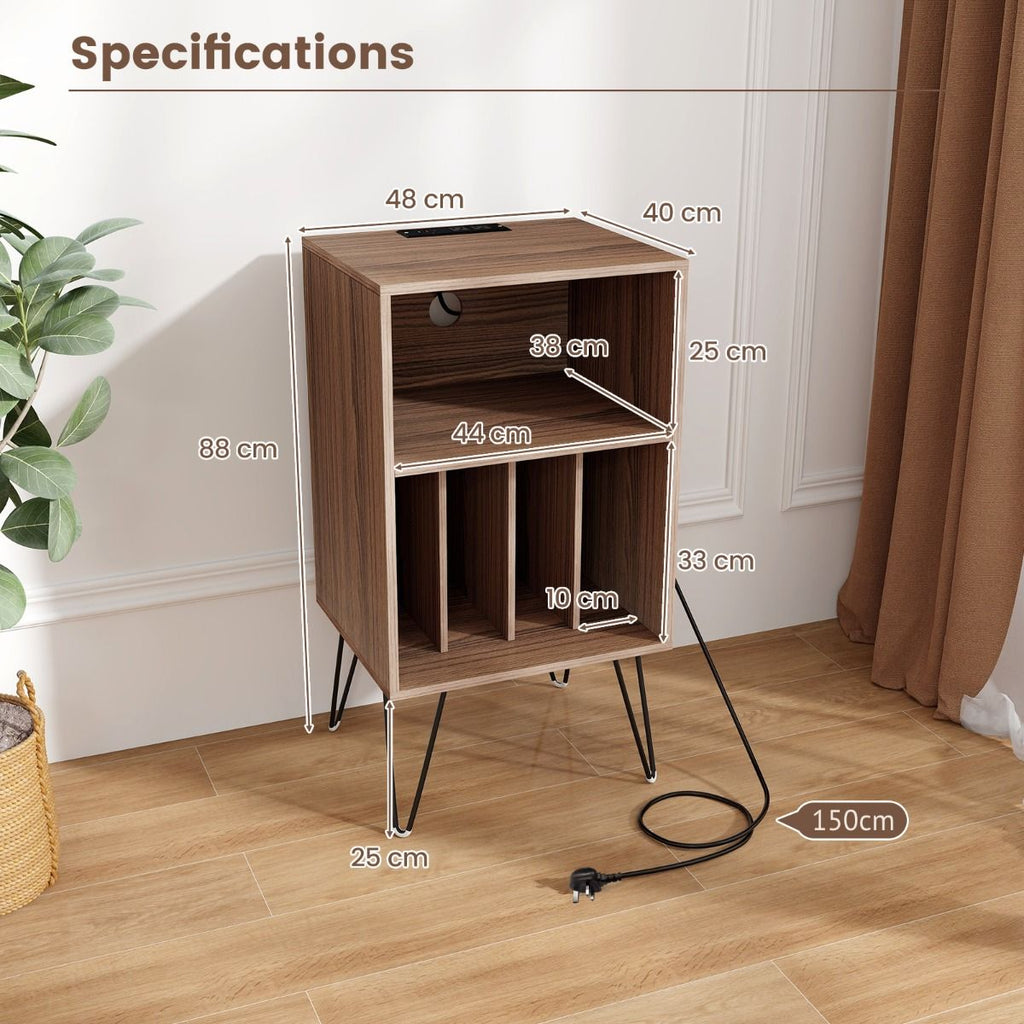 3-Tier Record Player Stand with Charging Station Shelf and 4 Dividers