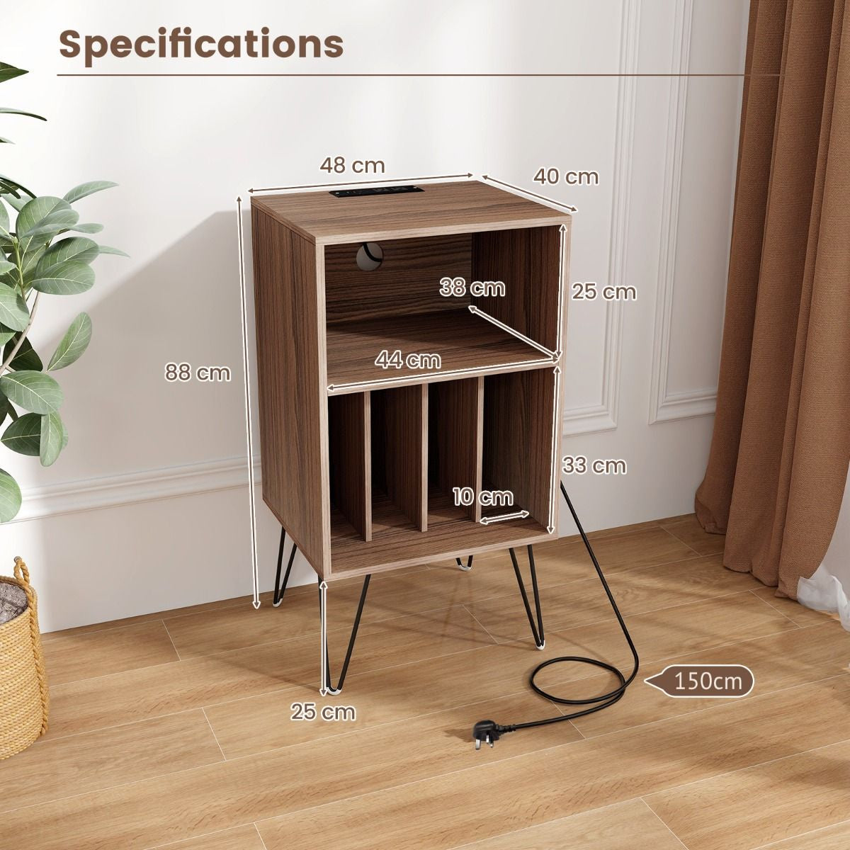 3-Tier Record Player Stand with Charging Station Shelf and 4 Dividers
