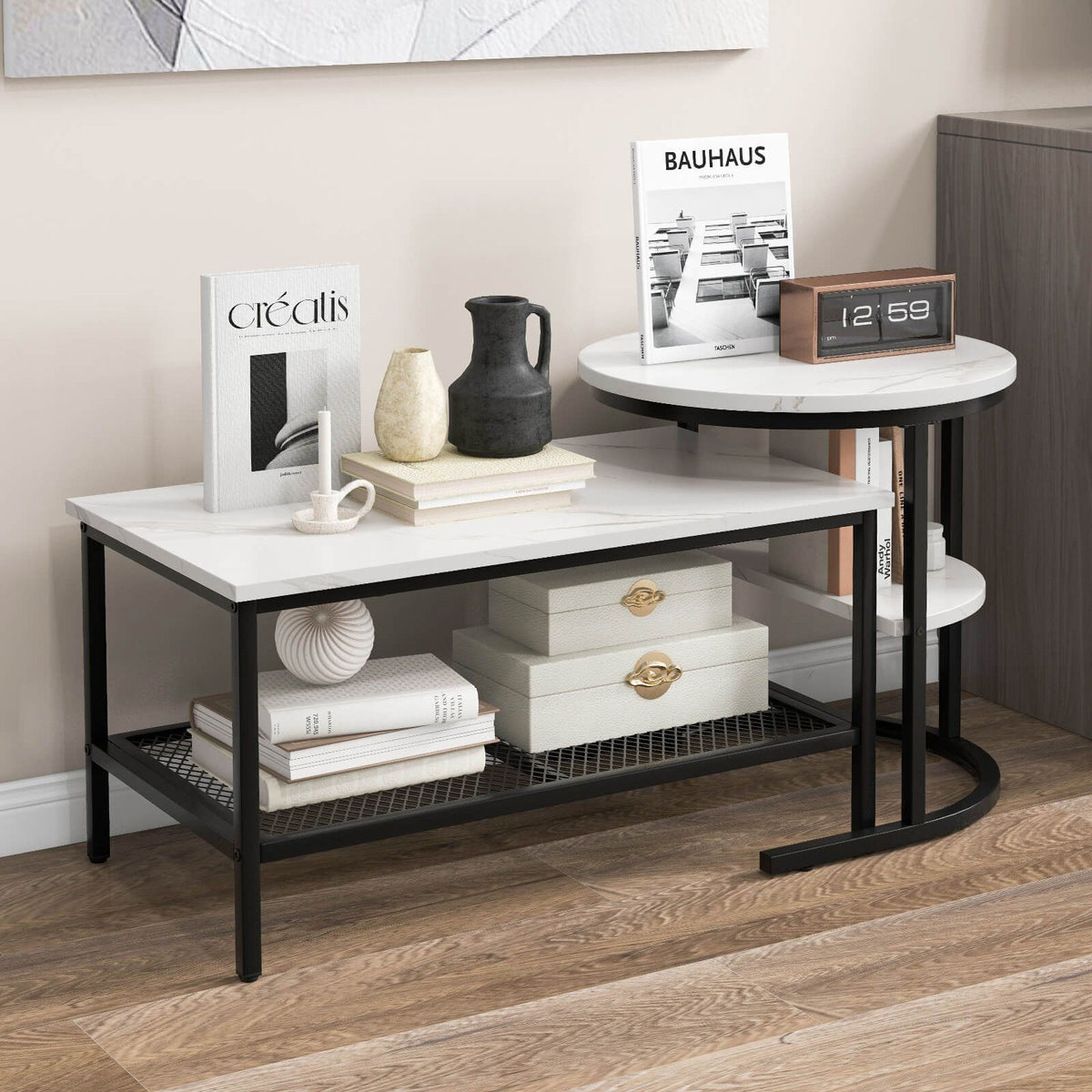 Set of 2 Nesting Coffee Table with Extra Storage Shelf