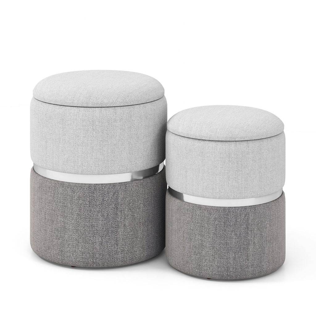 Modern round Linen Fabric Storage Ottoman Set of 2