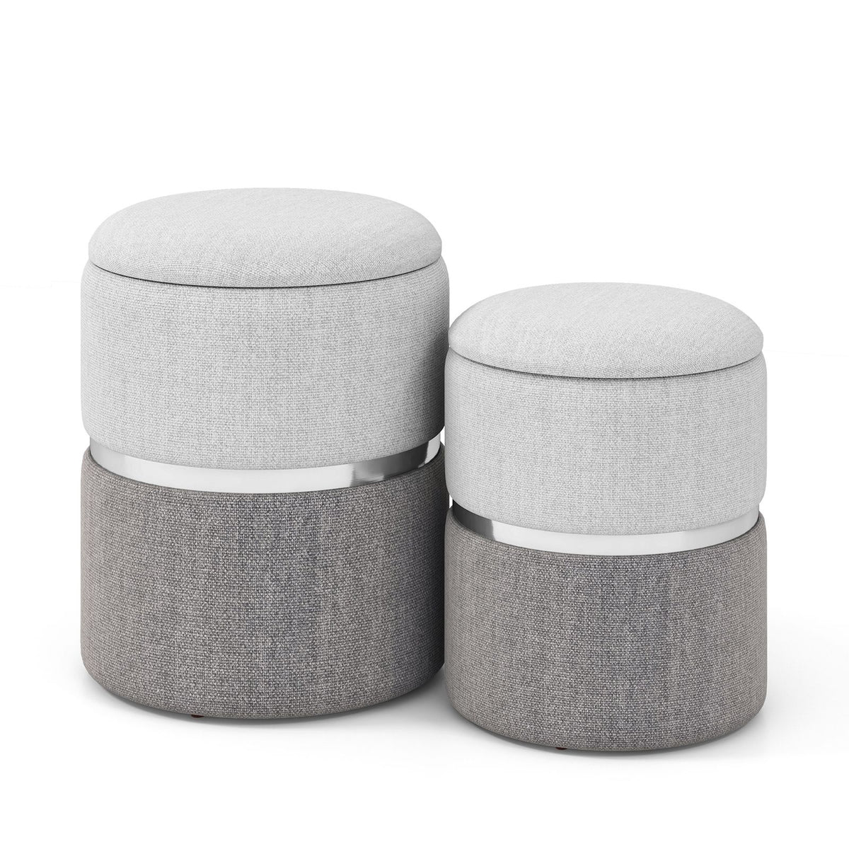 Modern round Linen Fabric Storage Ottoman Set of 2
