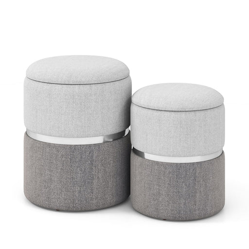 Modern round Linen Fabric Storage Ottoman Set of 2