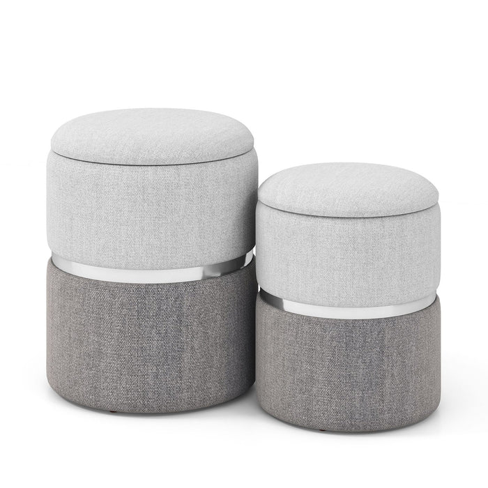 Modern round Linen Fabric Storage Ottoman Set of 2