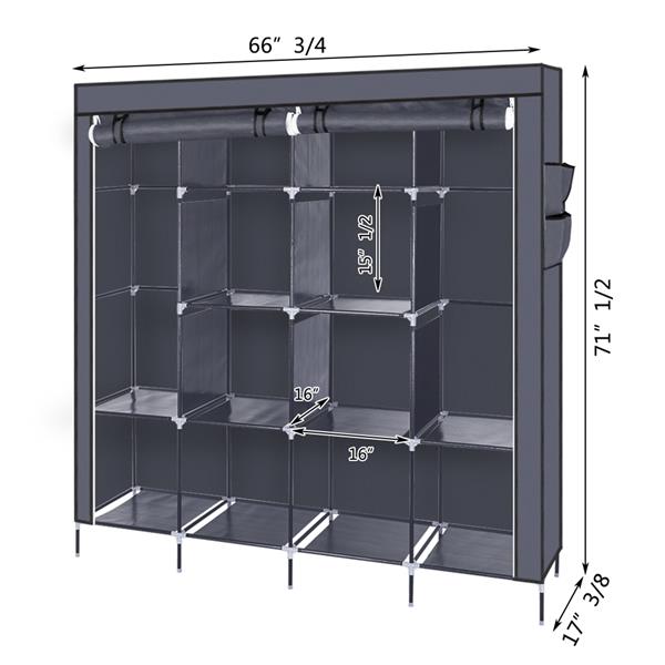 67" Portable Clothes Wardrobe – 12-Shelf Fabric Closet Organiser (Grey)