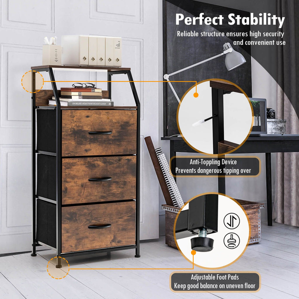 3 Drawer Organizer Unit with Wooden Top and Front