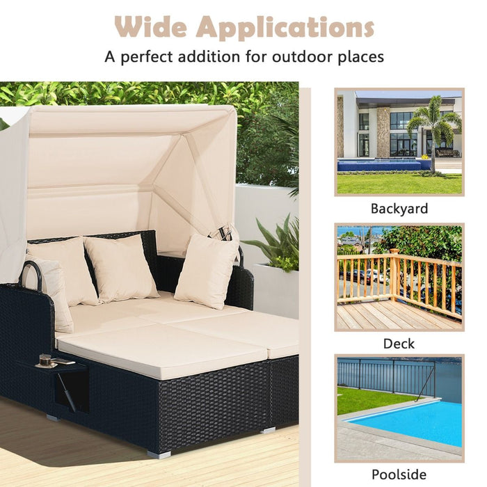 Rattan Daybed with Retractable Canopy, Cushions & Side Trays
