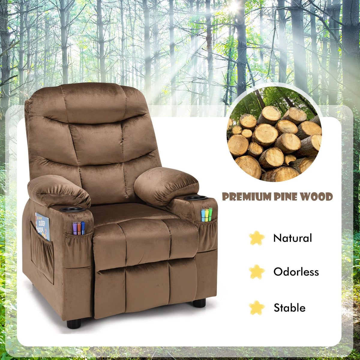 SEDOL Deluxe Larger Kids Recliner Armchair with Dual Cup Holders and Storage Pockets Premium Velvet Children’s Lounge Chair with 130° Adjustable Backrest & Pine Wood Frame