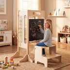 SEDOL 4-in-1 Folding Montessori Learning Tower & Sensory Activity Station — Convertible Kitchen Helper Stool with Art Easel, Step Stool, and Detachable Safety Net