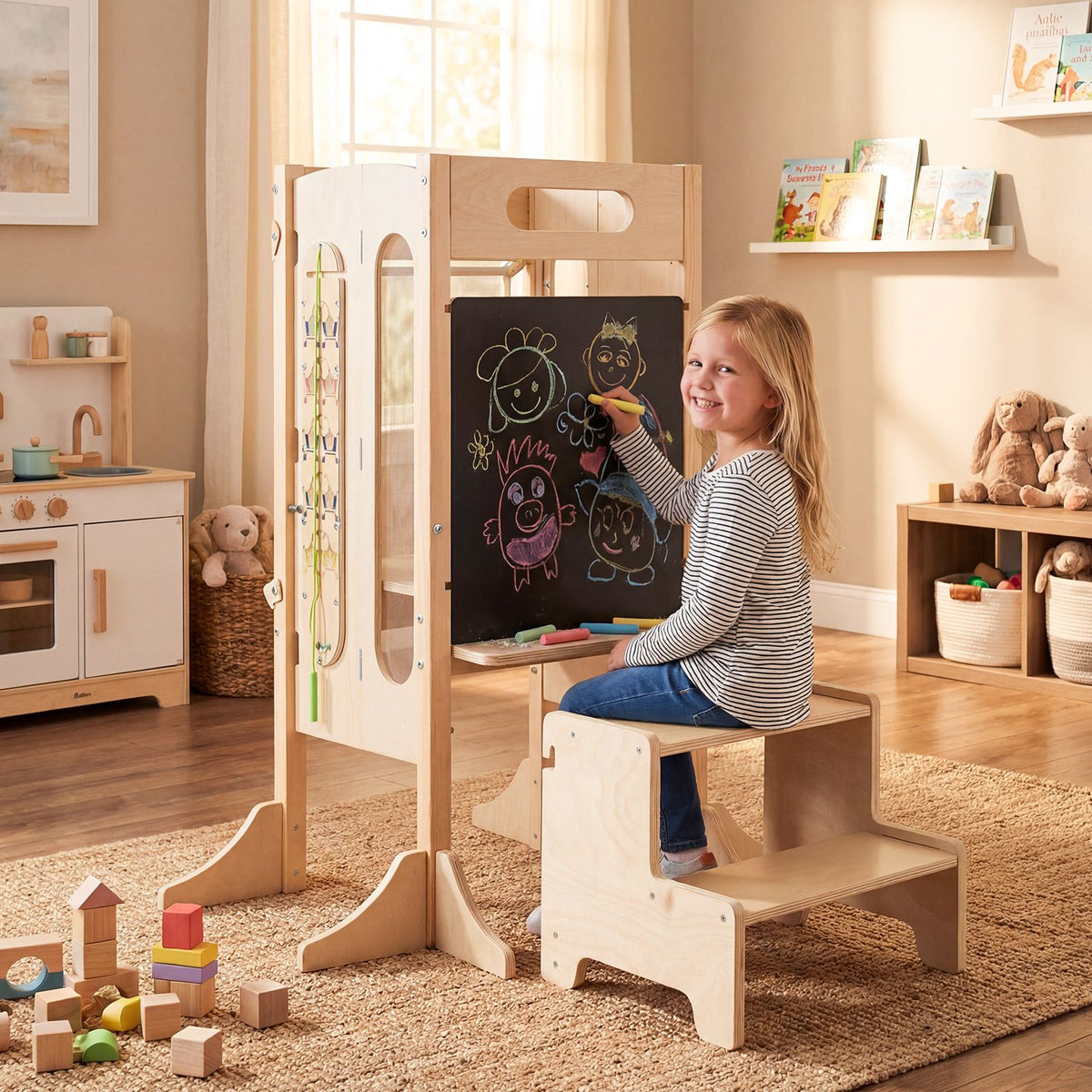 SEDOL 4-in-1 Folding Montessori Learning Tower & Sensory Activity Station — Convertible Kitchen Helper Stool with Art Easel, Step Stool, and Detachable Safety Net