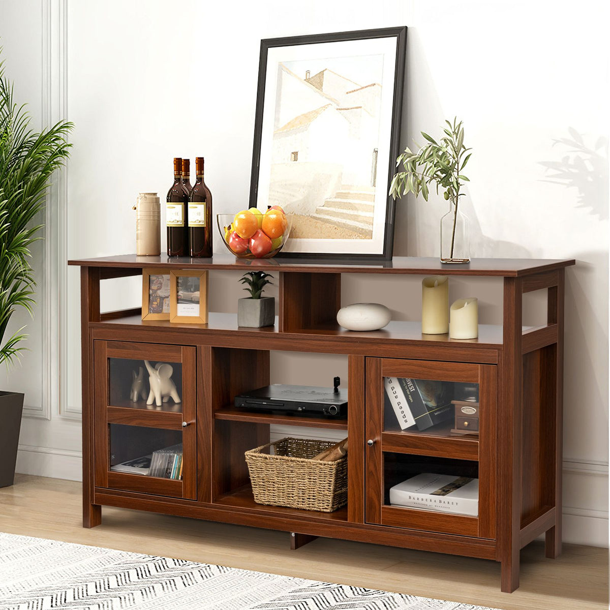Living Room Console Table for Tvs with Wooden Fireplace and 2 Cabinets