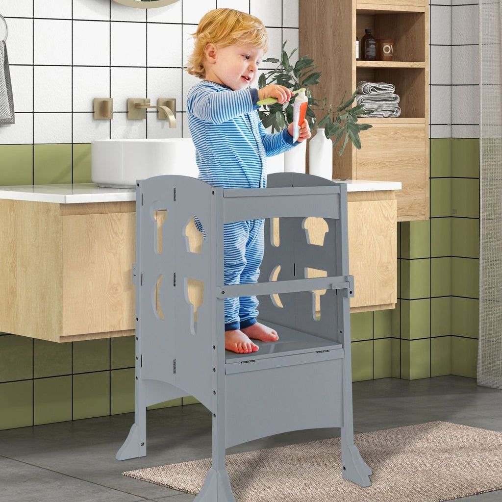 SEDOL Folding Montessori Learning Tower for Toddlers Space-Saving Height Adjustable Kitchen Helper Stool with Safety Latches and Full-Surround Guardrails