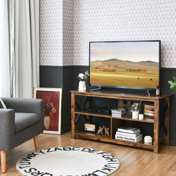 3-Tier Rustic TV Stand with Open Shelves and Cable Management