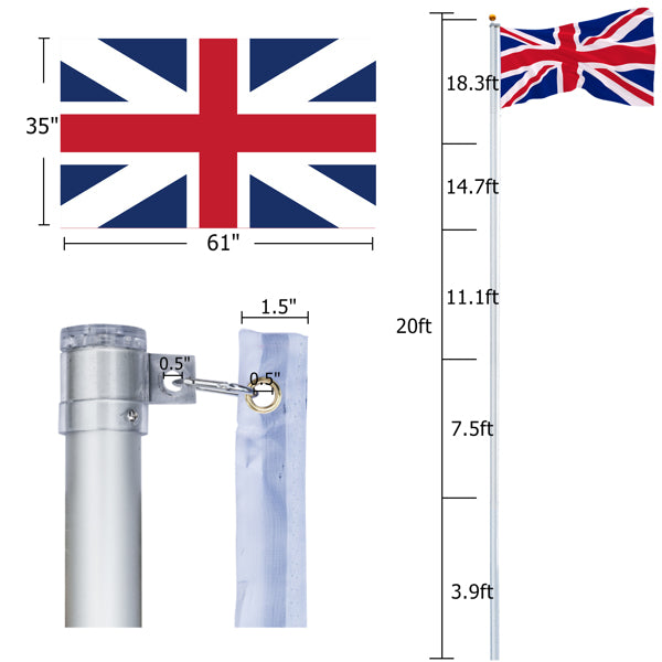 20FT Telescopic Aluminium Flagpole – Outdoor Retractable Splicing Pole with Rotating Rings & Ground Mount