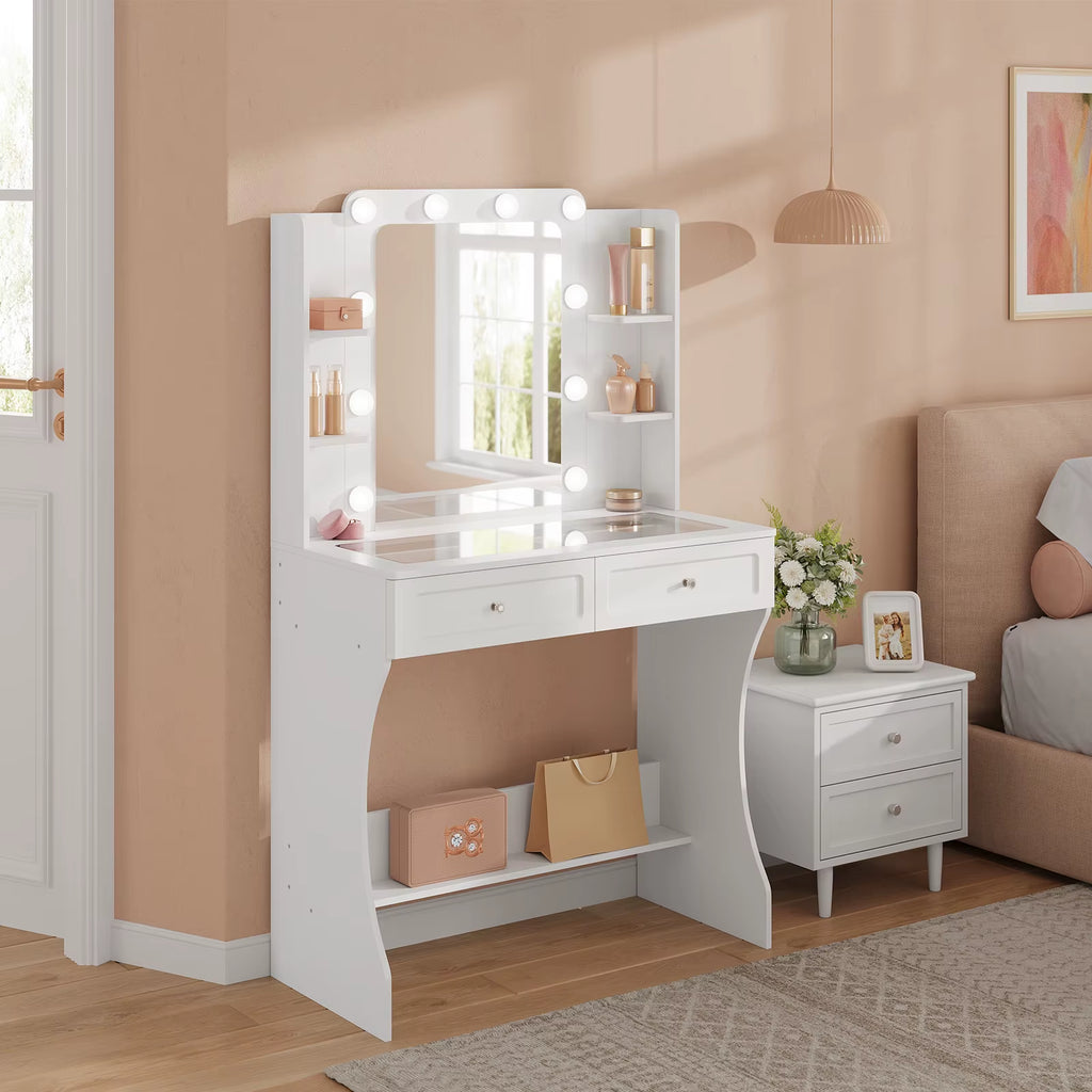 SEDOL Makeup Vanity with LED Lighted Mirror and Visual Glass Tabletop Modern Dressing Table with 2 Drawers and Removable Cube Storage Organizer White Bedroom Vanity