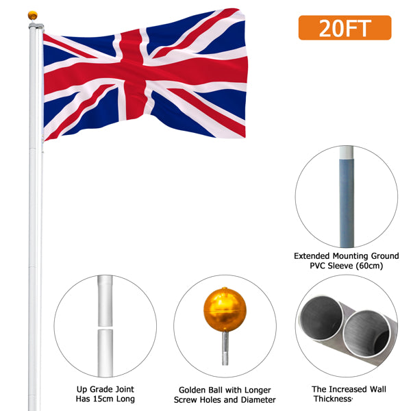 20FT Telescopic Aluminium Flagpole – Outdoor Retractable Splicing Pole with Rotating Rings & Ground Mount