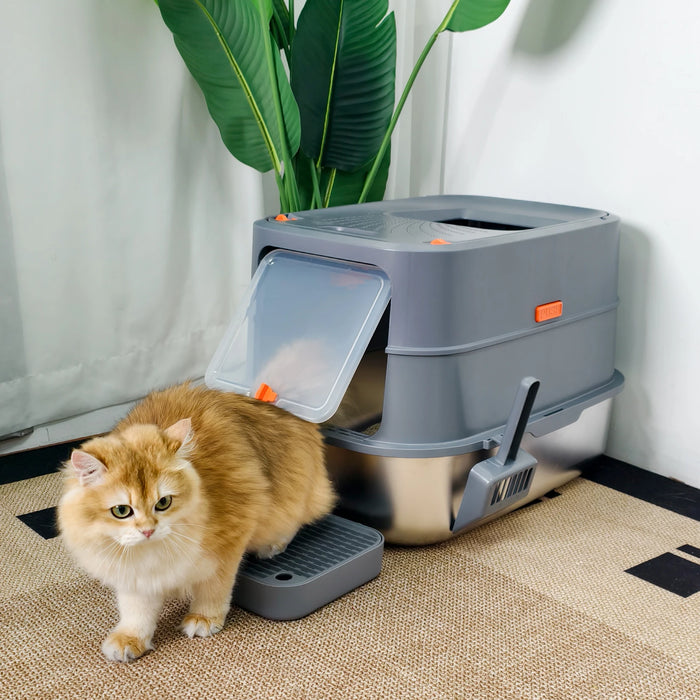 XL Stainless Steel Cat Litter Box – Enclosed Large Litter Tray with Lid, Front Entry & Top Exit Toilet Box