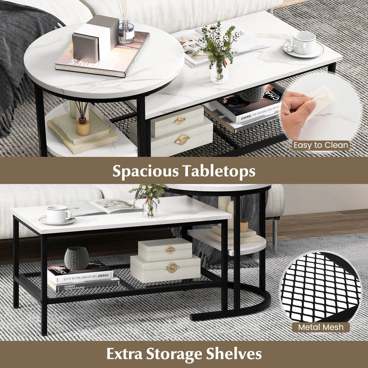 Set of 2 Nesting Coffee Table with Extra Storage Shelf