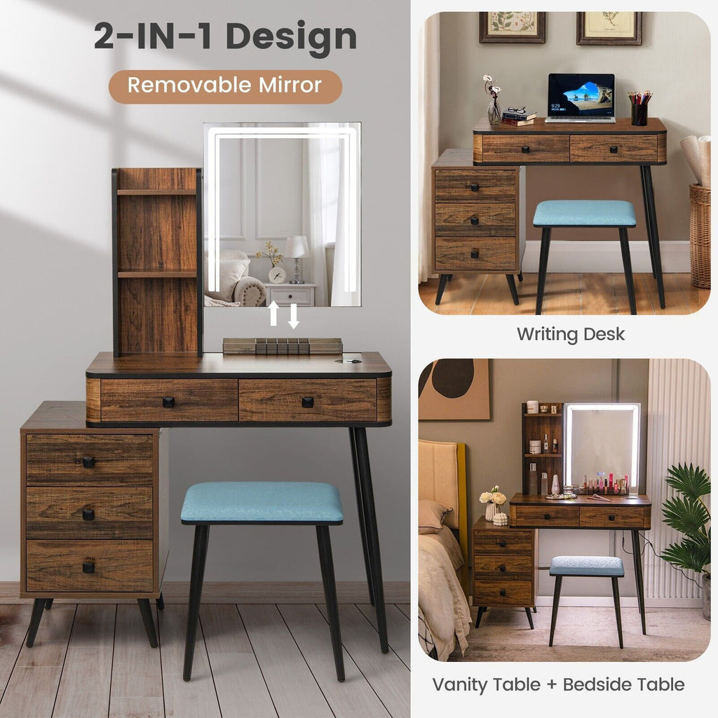 Vanity Table Set with 3-Color LED Lights Mirror and Charging Station