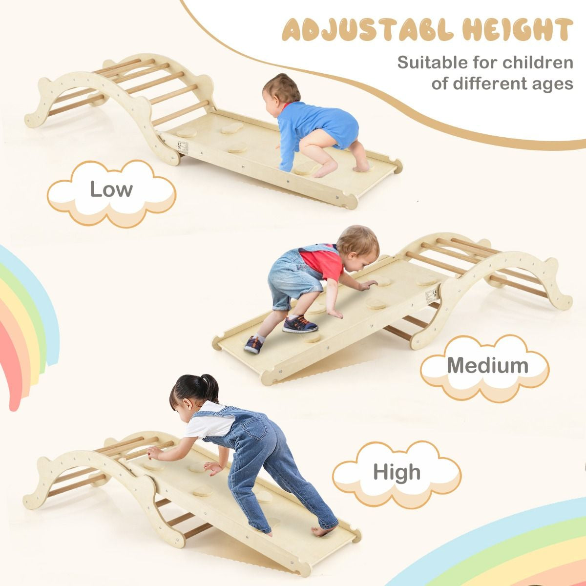 3-in-1 Wooden Climber Arch with Ramp & Rocker – Indoor Toddler Playset