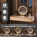 SEDOL White Dressing Table with Gold Metal Legs and LED Lighted Mirror Modern Vanity Desk with 2 Solid Wood Drawers Makeup Table for Elegant Bedroom Decor