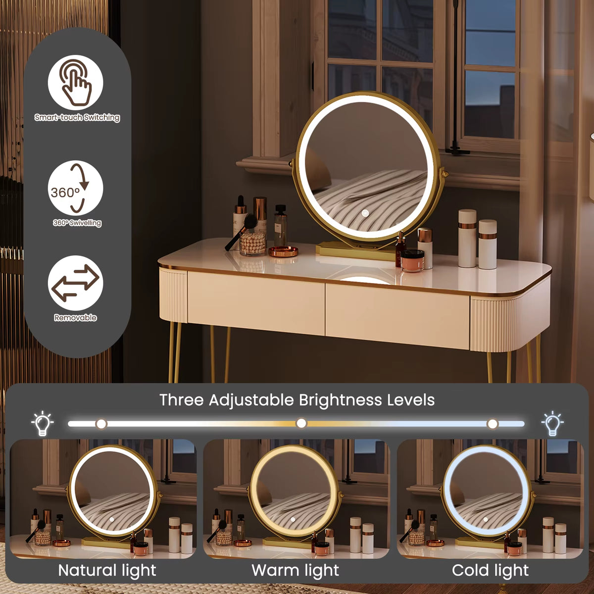 SEDOL White Dressing Table with Gold Metal Legs and LED Lighted Mirror Modern Vanity Desk with 2 Solid Wood Drawers Makeup Table for Elegant Bedroom Decor