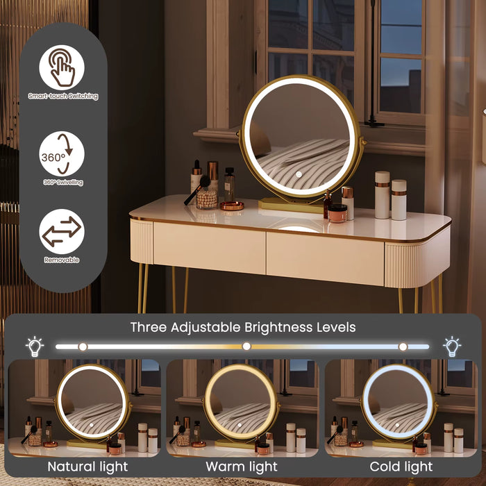 SEDOL White Dressing Table with Gold Metal Legs and LED Lighted Mirror Modern Vanity Desk with 2 Solid Wood Drawers Makeup Table for Elegant Bedroom Decor