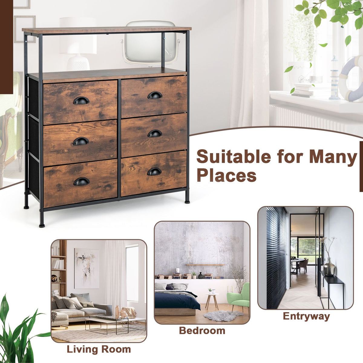 2-Tier Dresser with 6 Removable Fabric Drawers and Wooden Top