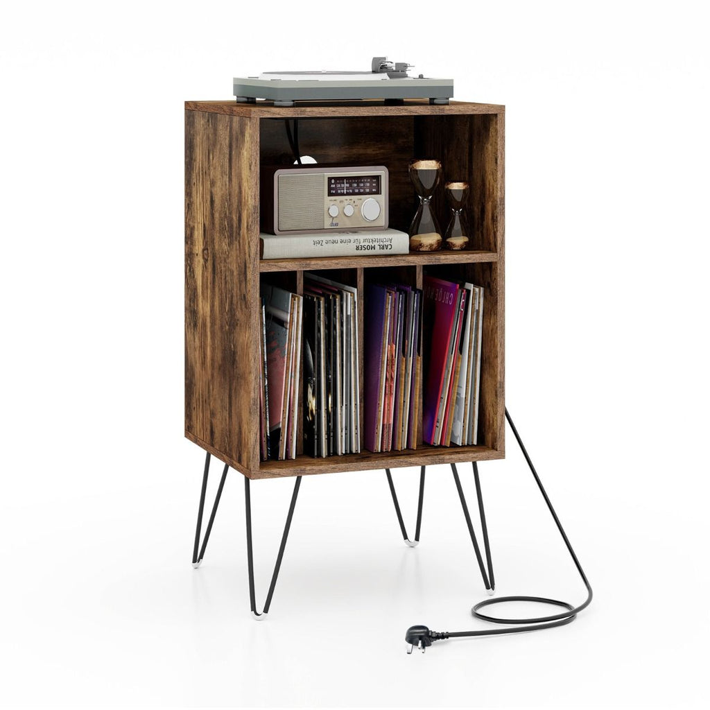 3-Tier Record Player Stand with Charging Station Shelf and 4 Dividers