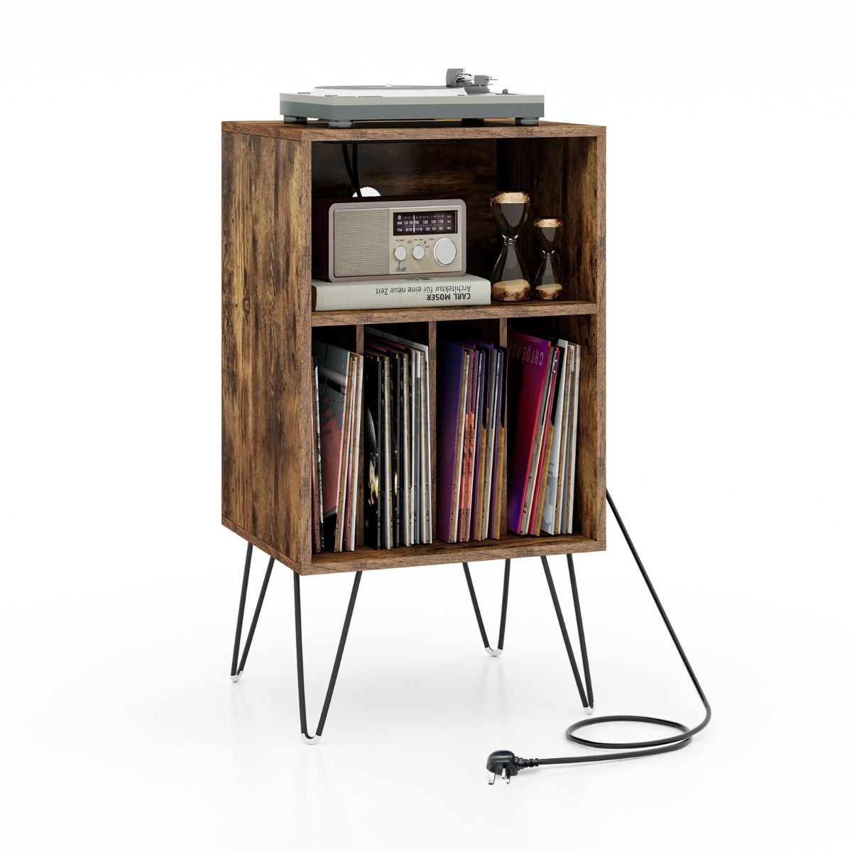 3-Tier Record Player Stand with Charging Station Shelf and 4 Dividers