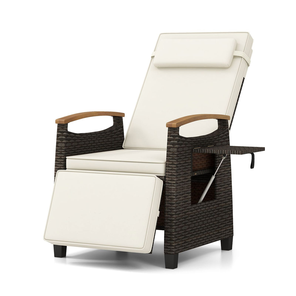Patio Rattan Recliner Chair with Adjustable Backrest, Footrest & Flip Side Table