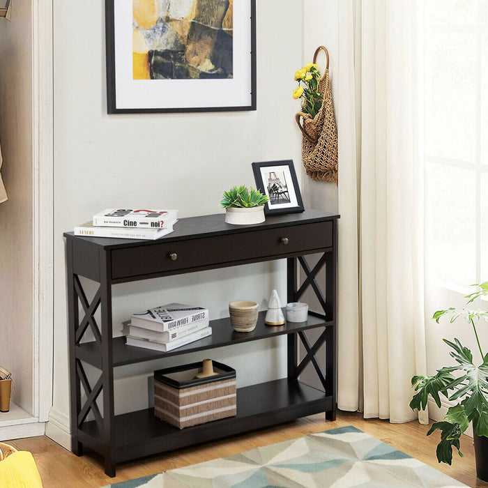 3-Tier Console Table with 1 Drawer and 2 Storage Shelves