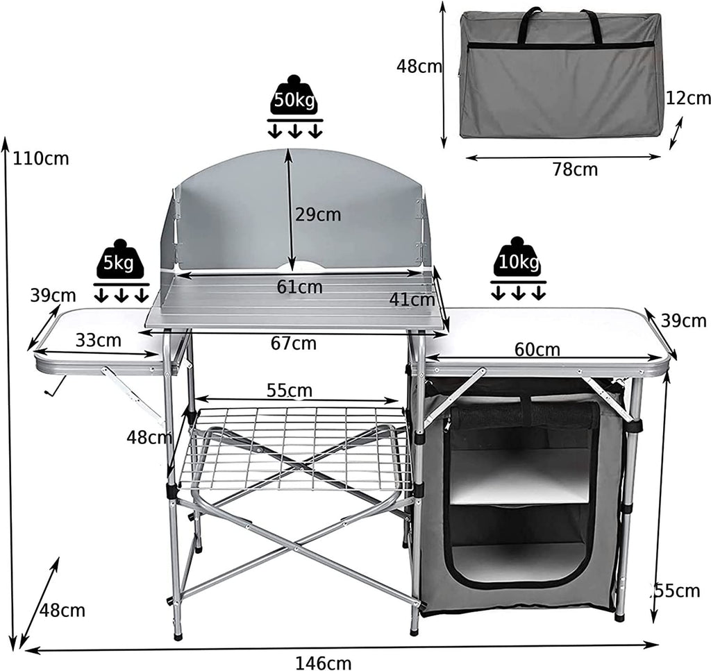 Camping Kitchen Table with Storage & Windscreen – Folding BBQ & Prep Station
