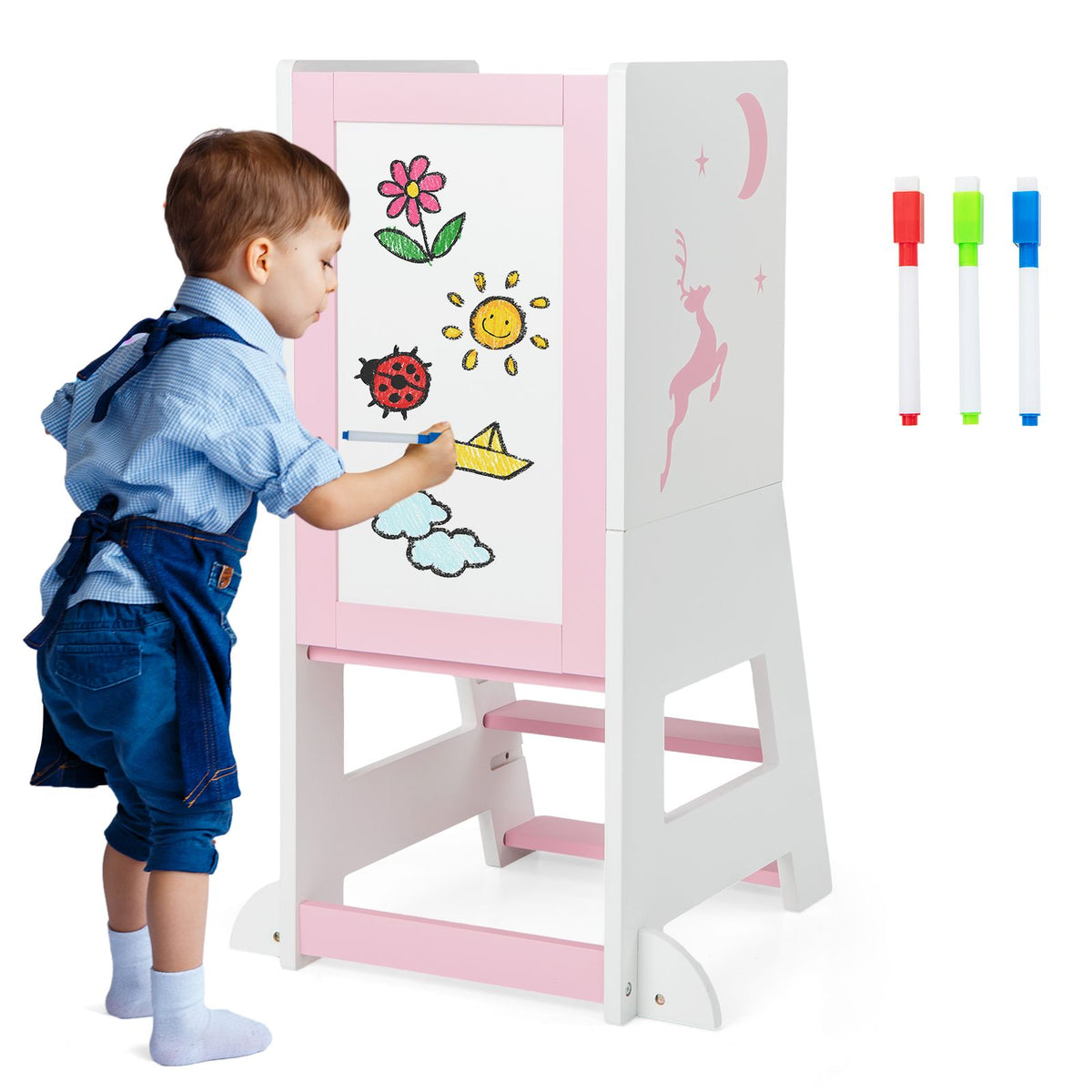 SEDOL 3-in-1 Montessori Learning Tower with Double-Sided Chalkboard & Whiteboard – Height-Adjustable Kitchen Helper Stool with Safety Rails and Anti-Tip Base