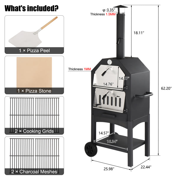 Outdoor Wood-Fired Pizza Oven – Portable Garden Pizza Maker with Stone, Peel & Grill Rack