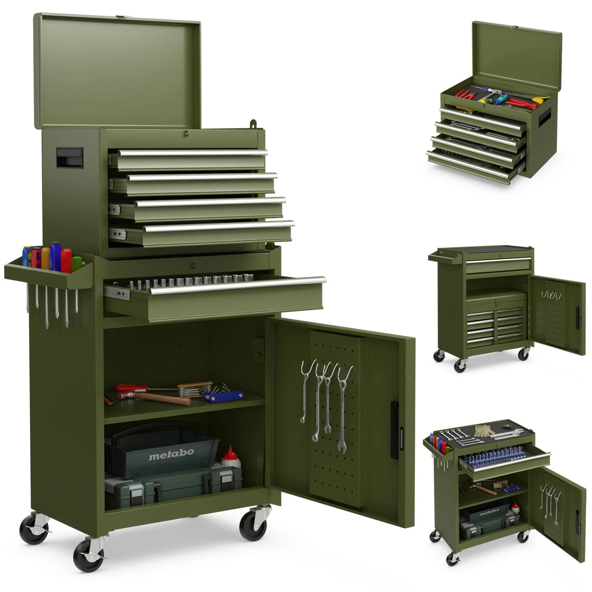 High-Capacity Rolling Tool Cabinet – Lockable Wheels, Metal 2‑in‑1 Chest & Base