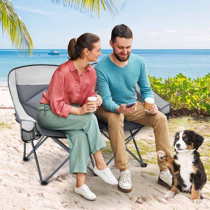 Double Folding Camping Chair with Padded Seat and Storage Pockets
