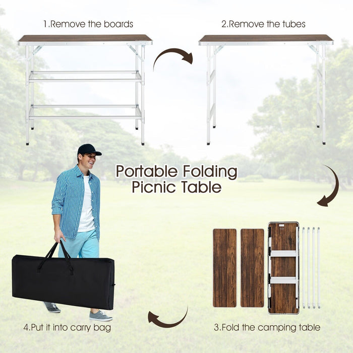 Aluminum Lightweight Folding Picnic Table with 2-Tier Shelves and Carrying Bag