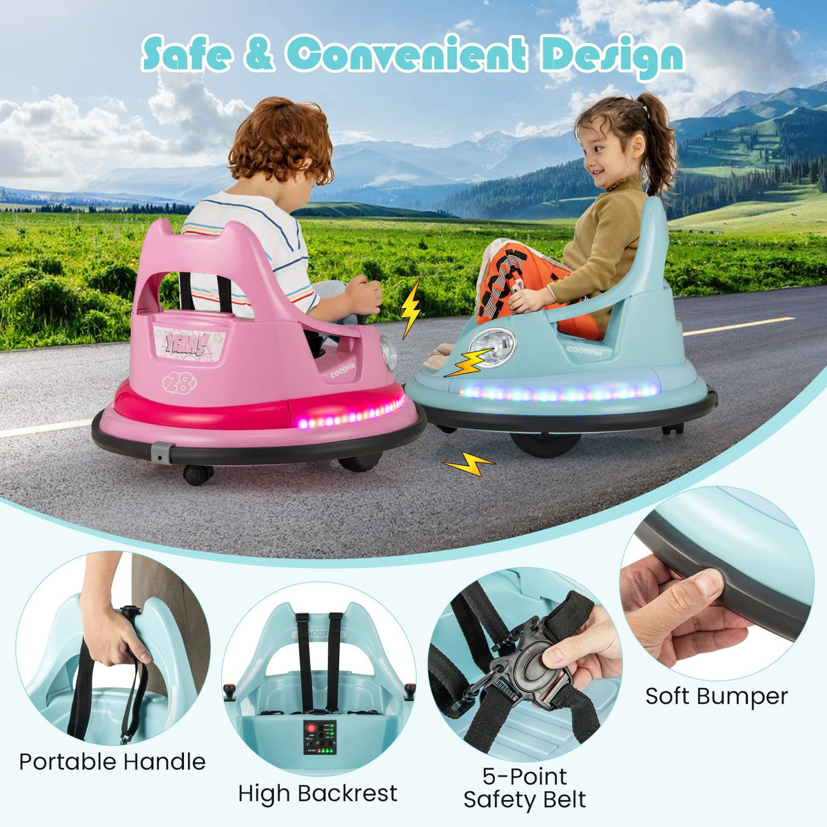 SEDOL 12V High-Performance Kids Bumper Car with 5-Point Safety Harness 360° Zero-Turn Dual Joysticks and 5-Mode LED Light Show – 12V Powered for Ages 3+