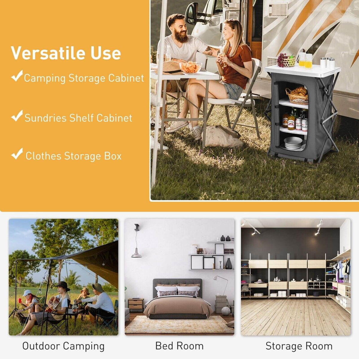 3-Tier Folding Camping Storage Cabinet with Side Pockets and Carry Bag