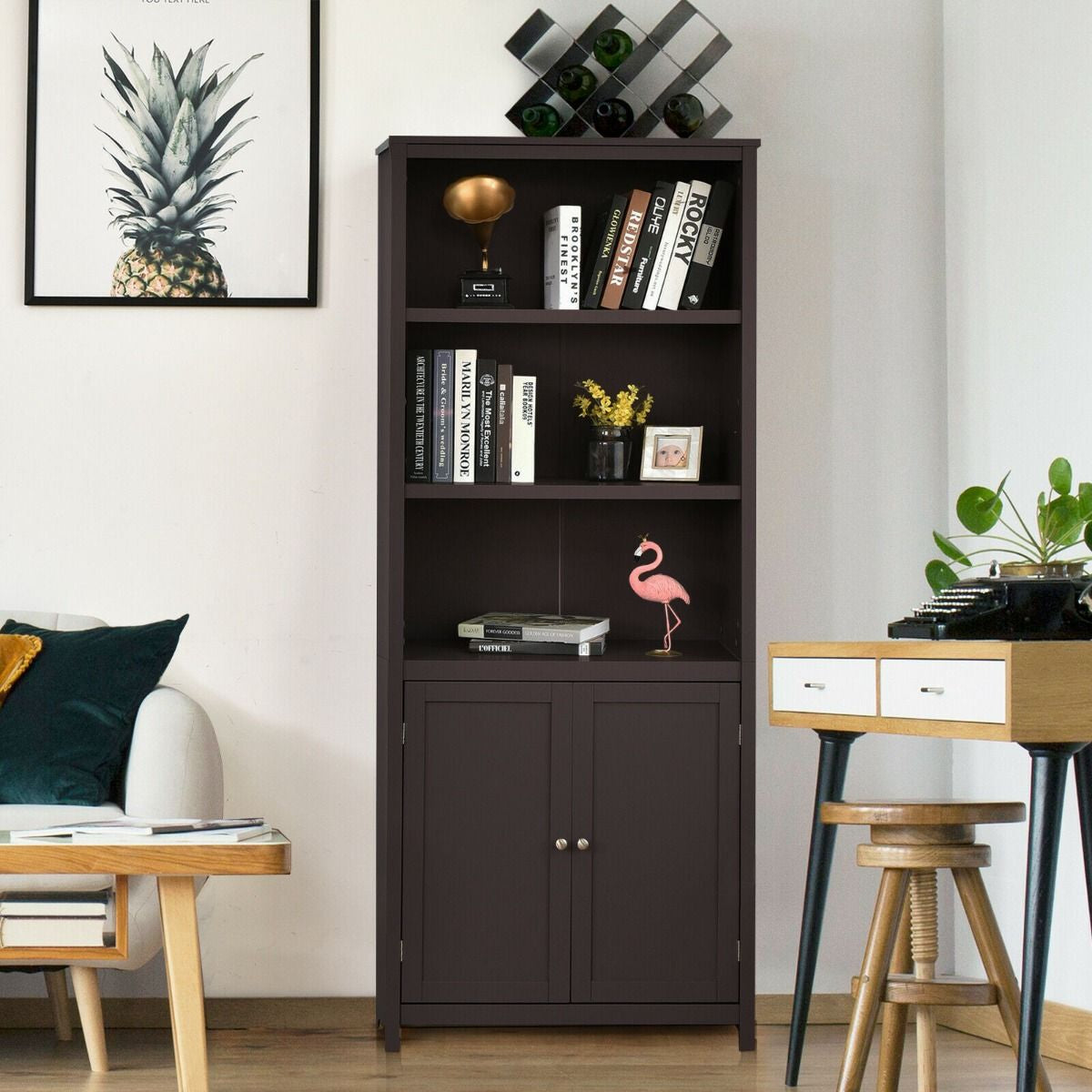 Wooden Tall Bookcase with 3-Tier Storage Cabinet
