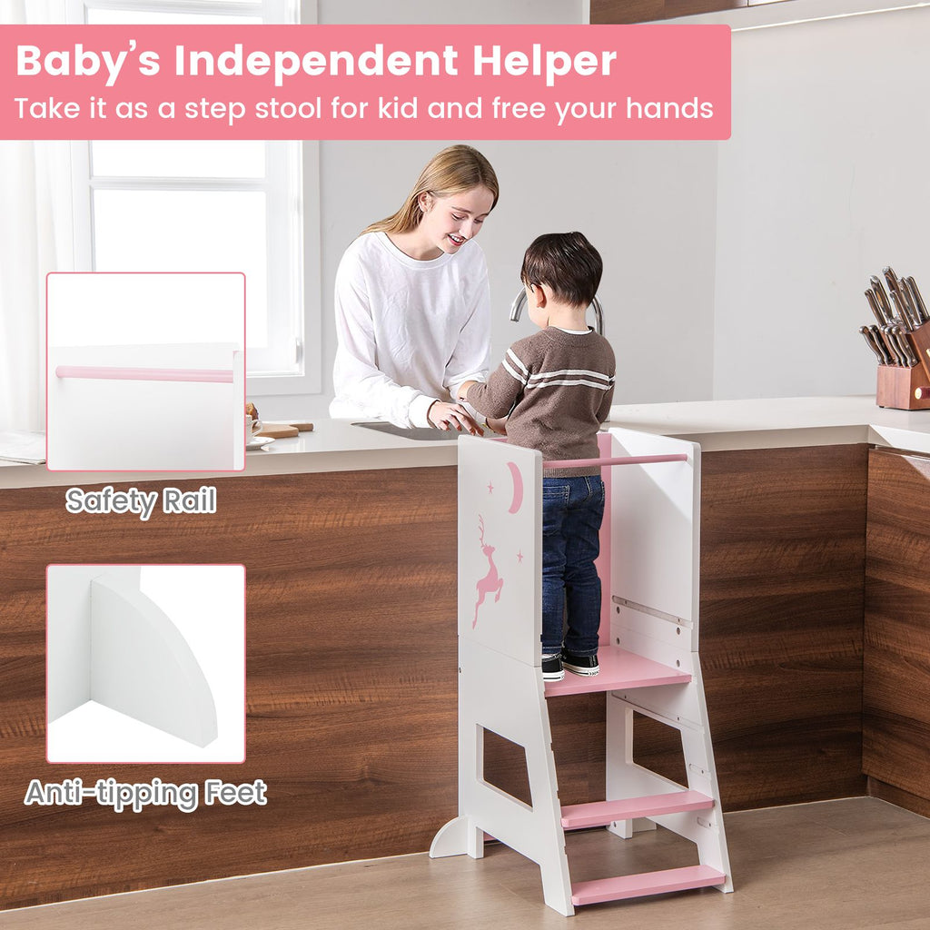 SEDOL 3-in-1 Montessori Learning Tower with Double-Sided Chalkboard & Whiteboard – Height-Adjustable Kitchen Helper Stool with Safety Rails and Anti-Tip Base