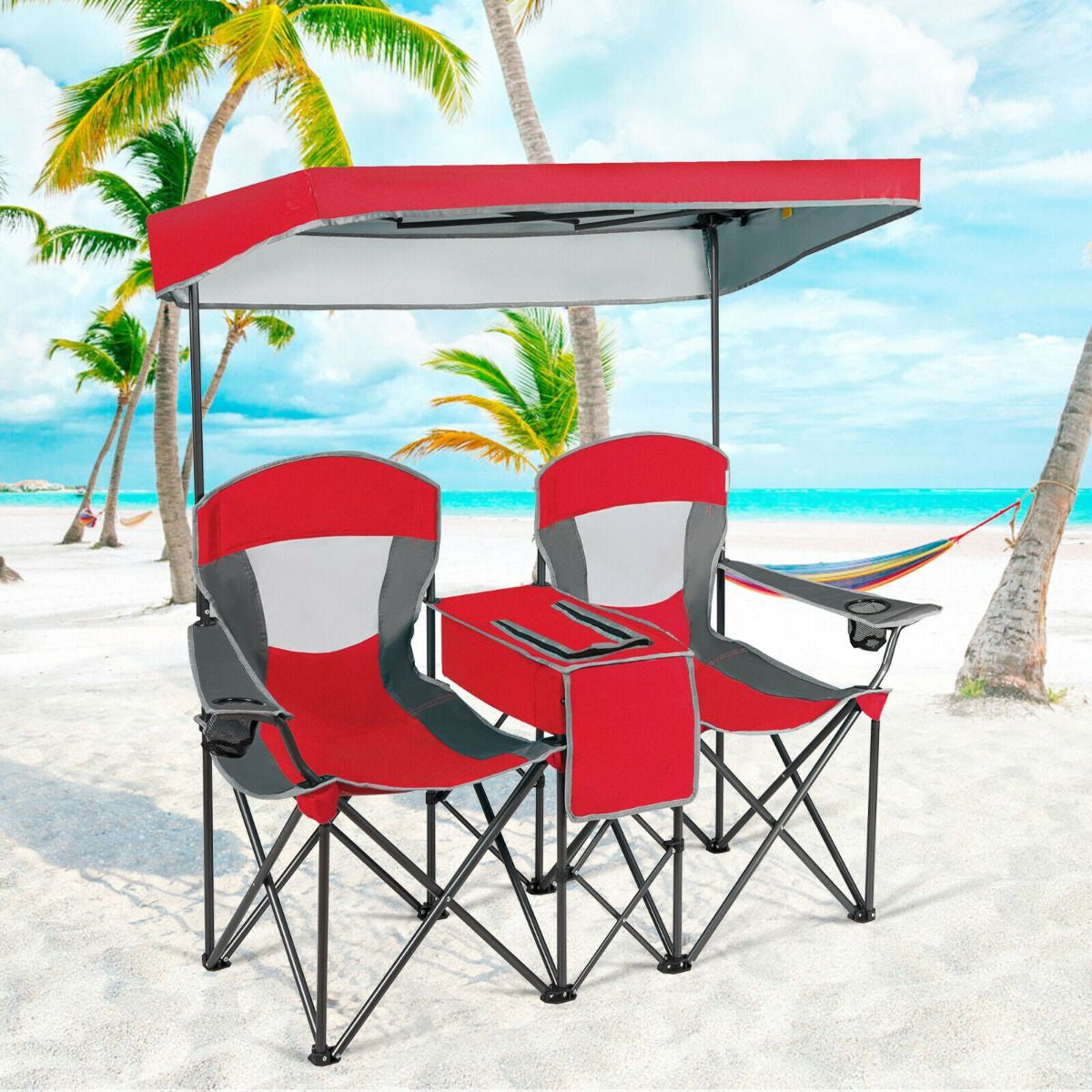 Double Folding Camping Chair with Canopy and Armrests