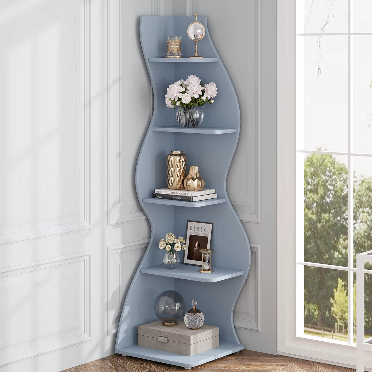SEDOL Corner Shelf 5-Tier Modern Wall Bookshelf Stylish Tall Corner Storage Rack Small White Bookcase Plant Stand for Living Room Bedroom Office Space Saving