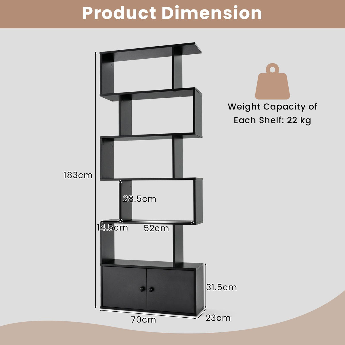 Industrial S-Shaped 5-Tier Bookcase with Cabinet