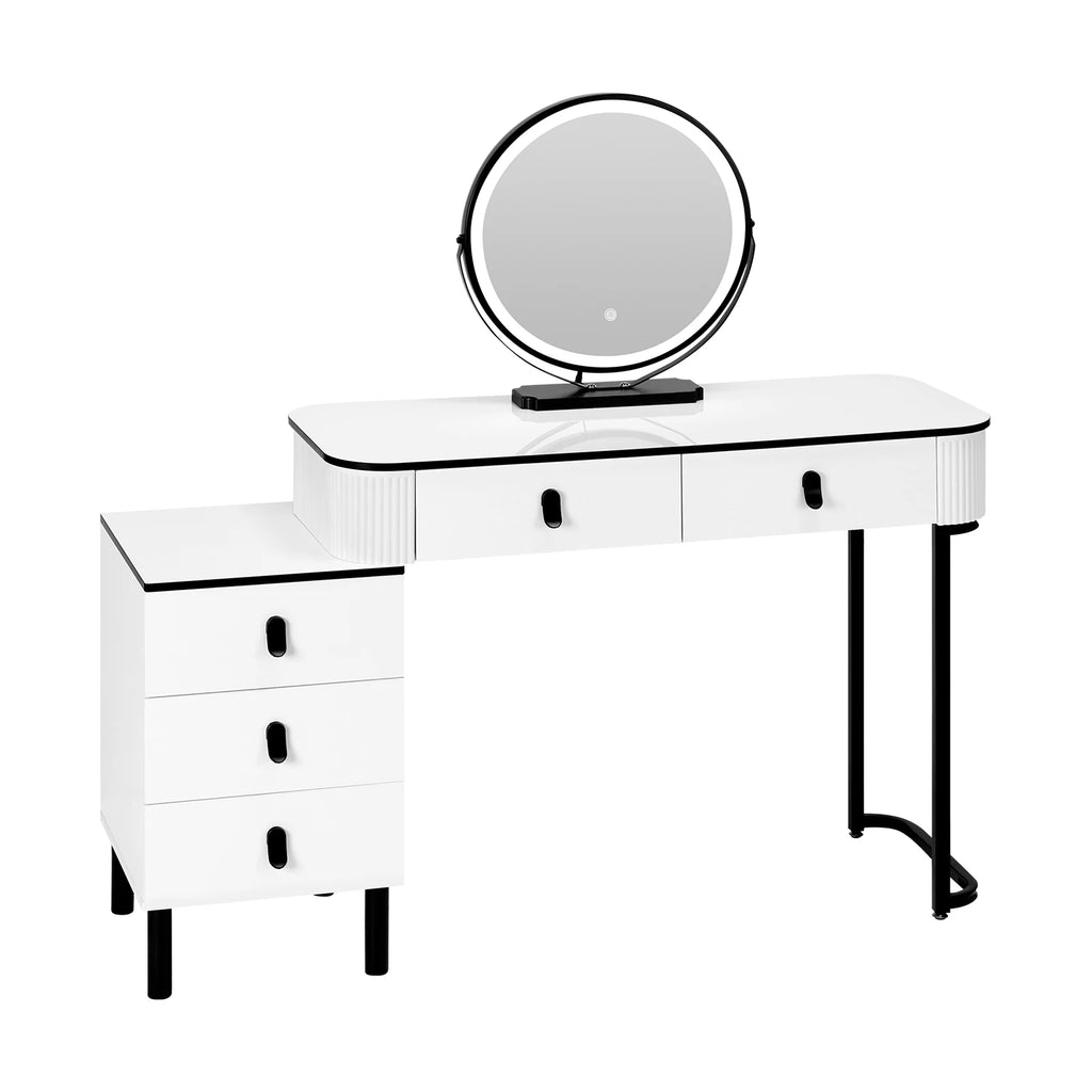 SEDOL Dressing Table with LED Lighted Mirror and Stool Set Modern Vanity Makeup Desk with 5 Drawers Flexible Assembly Bedroom Cosmetic Station White and Black