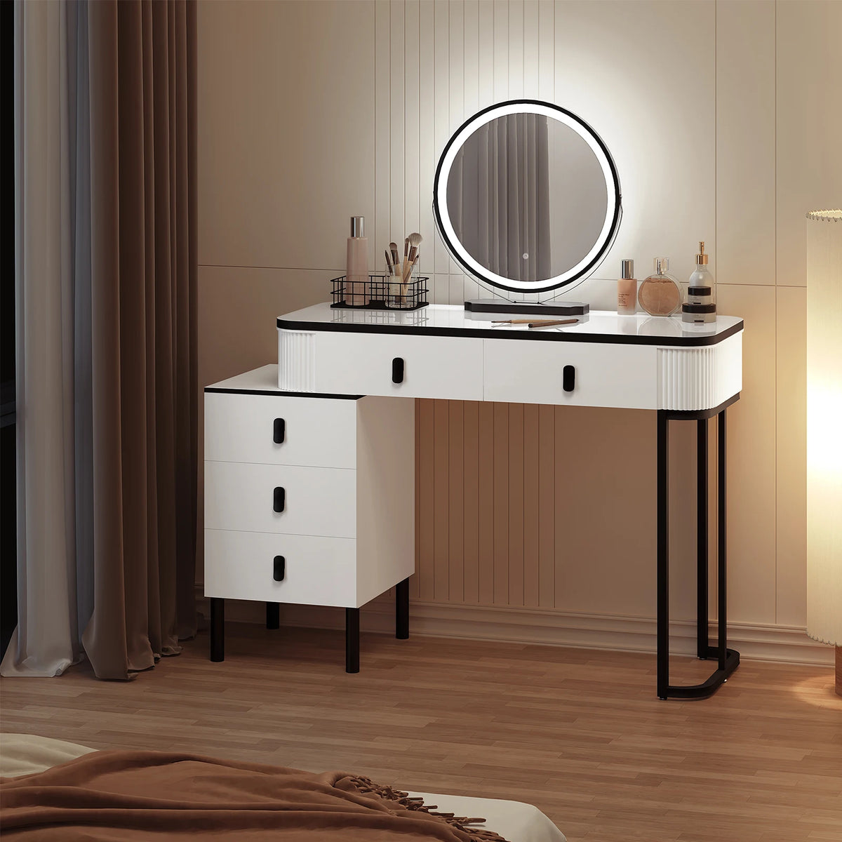 SEDOL Dressing Table with LED Lighted Mirror and Stool Set Modern Vanity Makeup Desk with 5 Drawers Flexible Assembly Bedroom Cosmetic Station White and Black