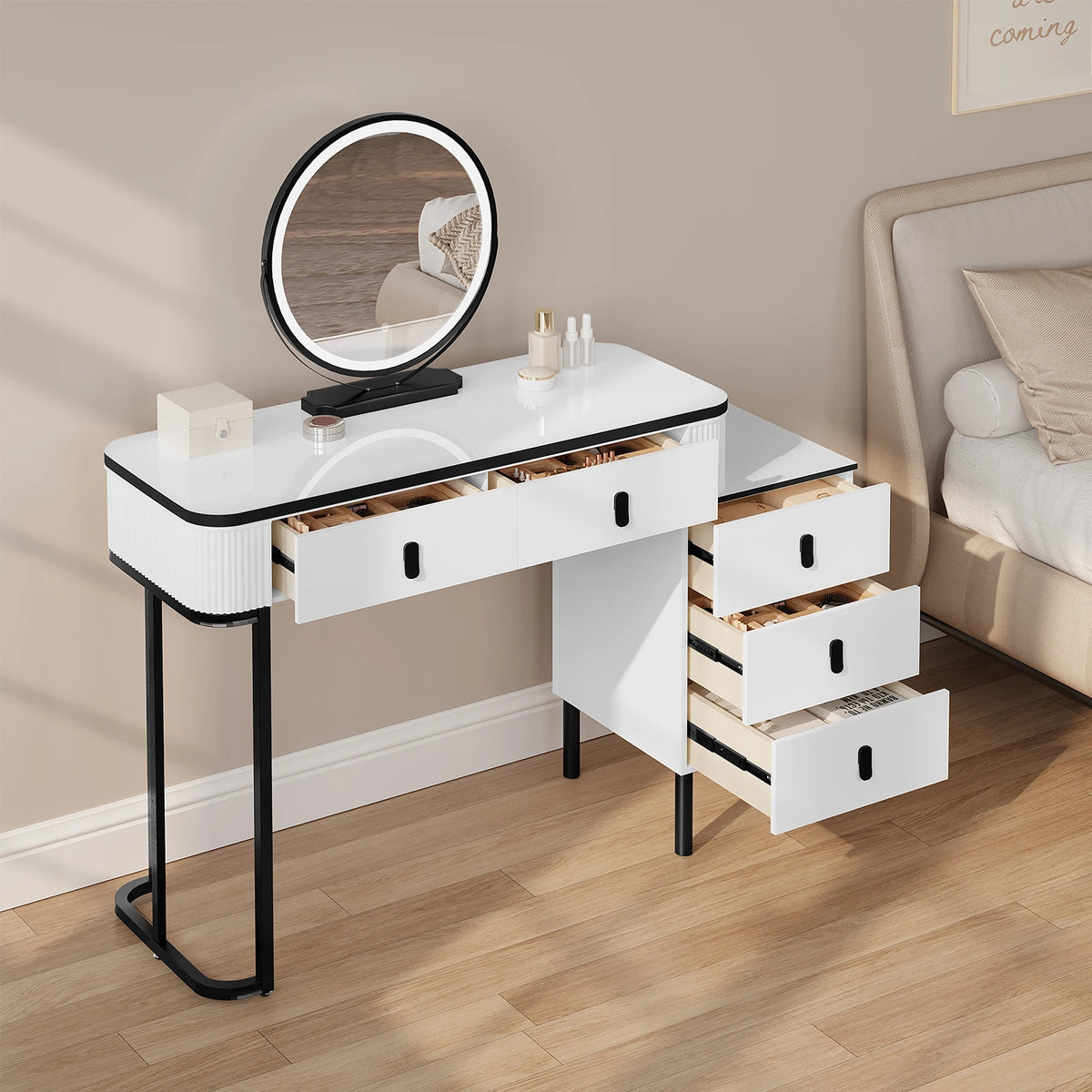 SEDOL Dressing Table with LED Lighted Mirror and Stool Set Modern Vanity Makeup Desk with 5 Drawers Flexible Assembly Bedroom Cosmetic Station White and Black