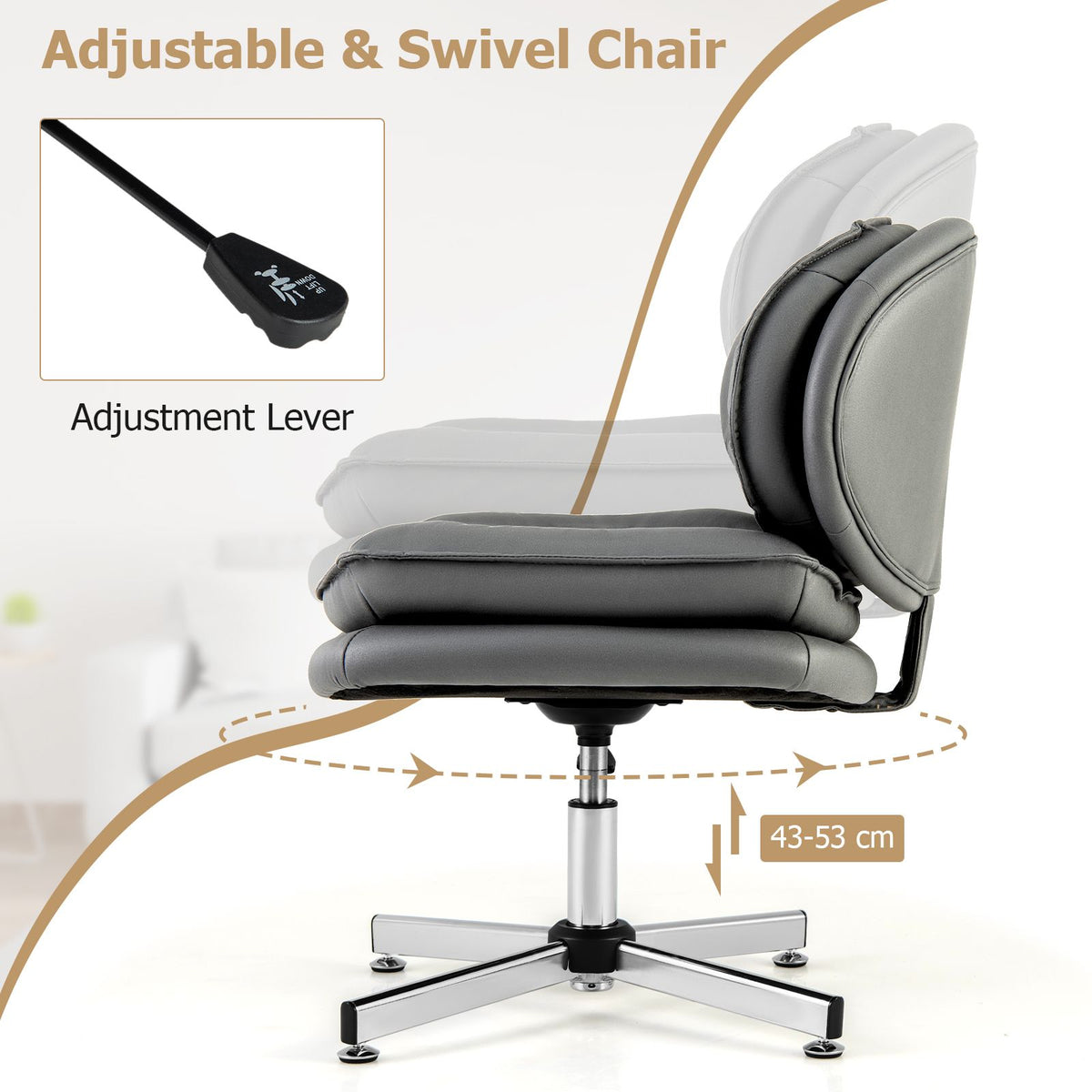 SEDOL Armless Office Chair with Double-Padded Cloud Cushioning | 60cm Extra-Wide Swivel Task Chair | Heavy-Duty 150KG Capacity Criss-Cross Metal Base | Breathable Leathaire Fabric