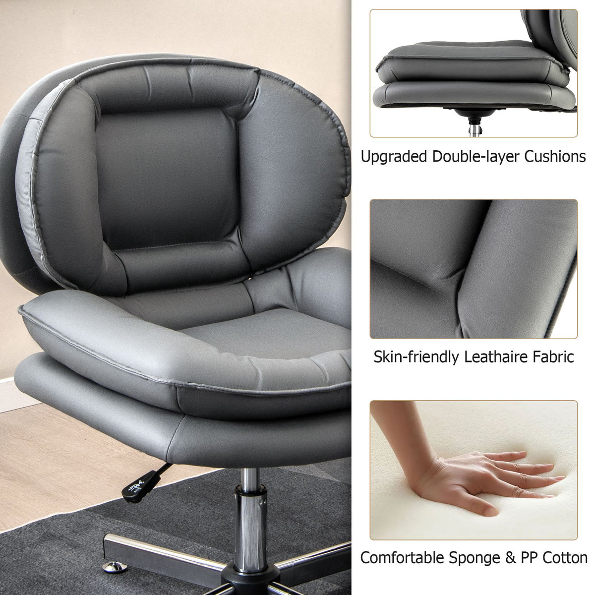 SEDOL Armless Office Chair with Double-Padded Cloud Cushioning | 60cm Extra-Wide Swivel Task Chair | Heavy-Duty 150KG Capacity Criss-Cross Metal Base | Breathable Leathaire Fabric