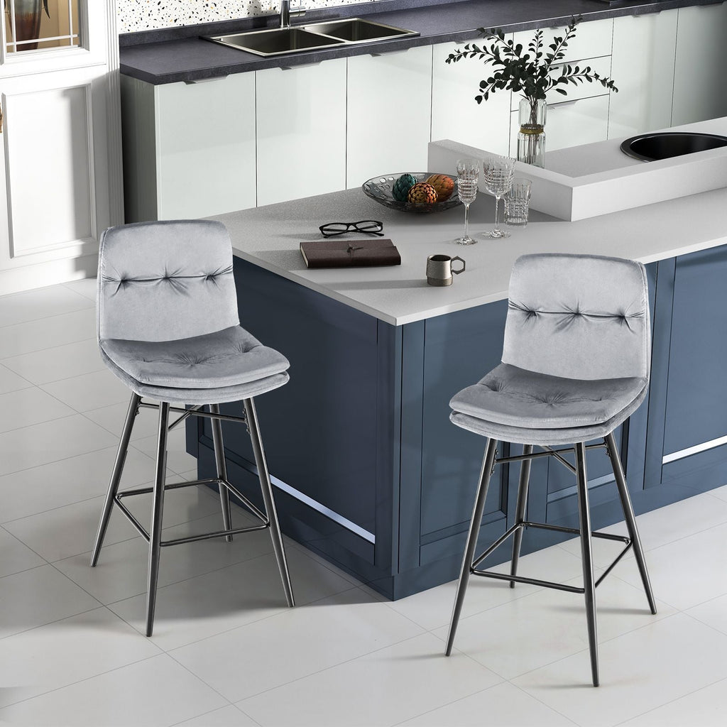 SEDOL Set of 2 Luxury Velvet Bar Stools with Diamond Tufted Back and Tapered Metal Legs